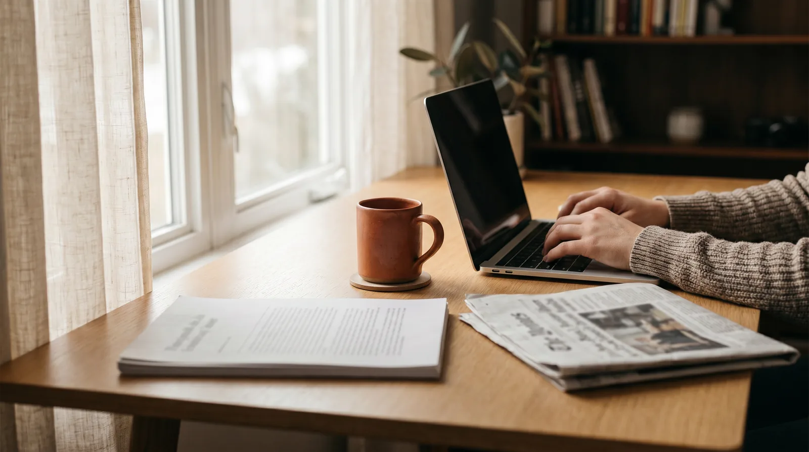 Hands typing a press release at a desk with a folded newspaper and coffee
