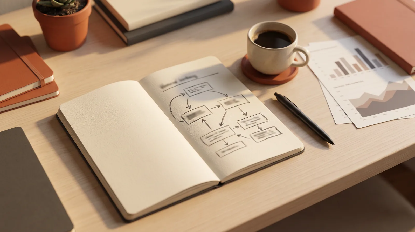 A notebook with a hand-drawn link building plan beside coffee and printed charts