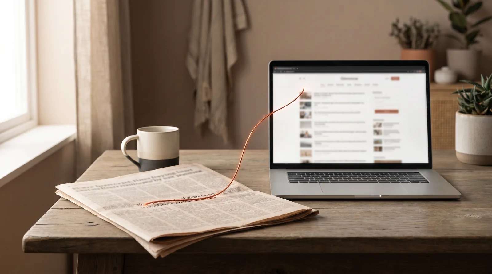 A newspaper on a desk linked by a glowing thread to a laptop showing a website